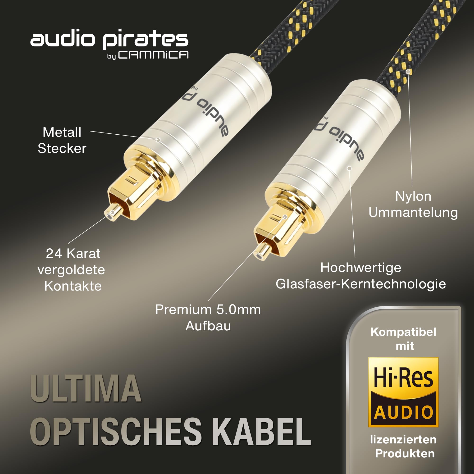audio pirates by cammica optisches TOSLINK Glasfaserkabel, Toslink & Digital-Kabel | Digitales SPDIF-Kabel OD: 6.0mm mit Ummantelung & vergoldeten Kontakten (1er Pack – 3 Meter)