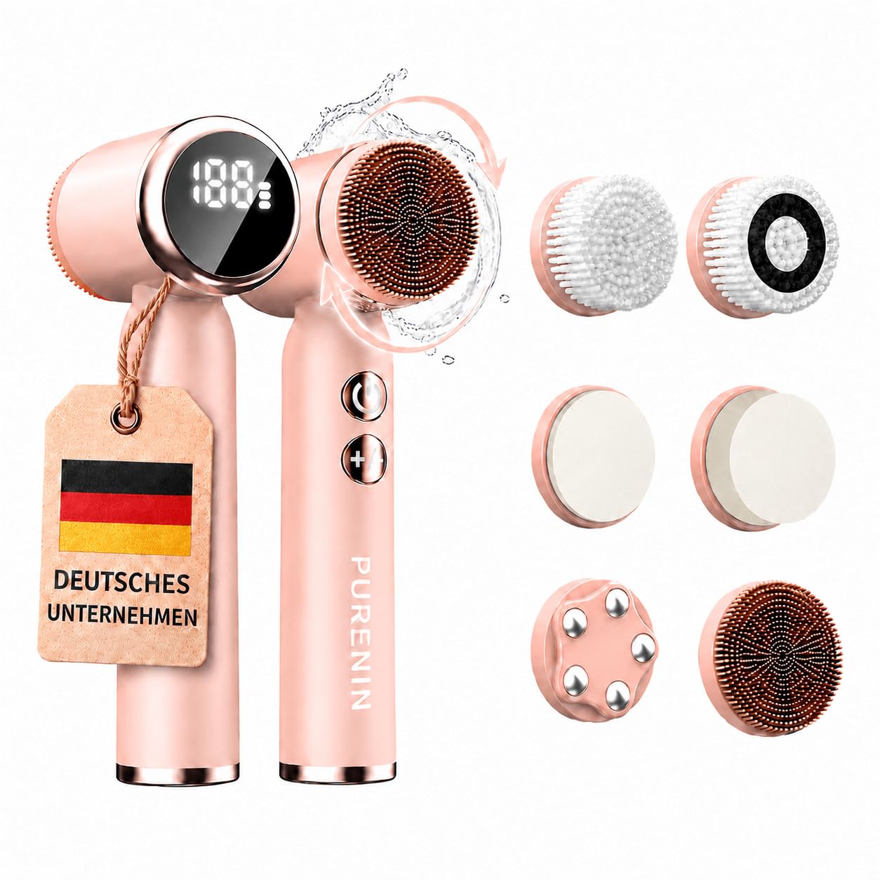6in1 Set - Elektrische Gesichtsreinigungsbürste, auch für unterwegs, 360 Grad Rotation des Bürstenkopfes, wasserdicht nach IPX6, elektrischer Gesichtsreiniger (Rosa)
