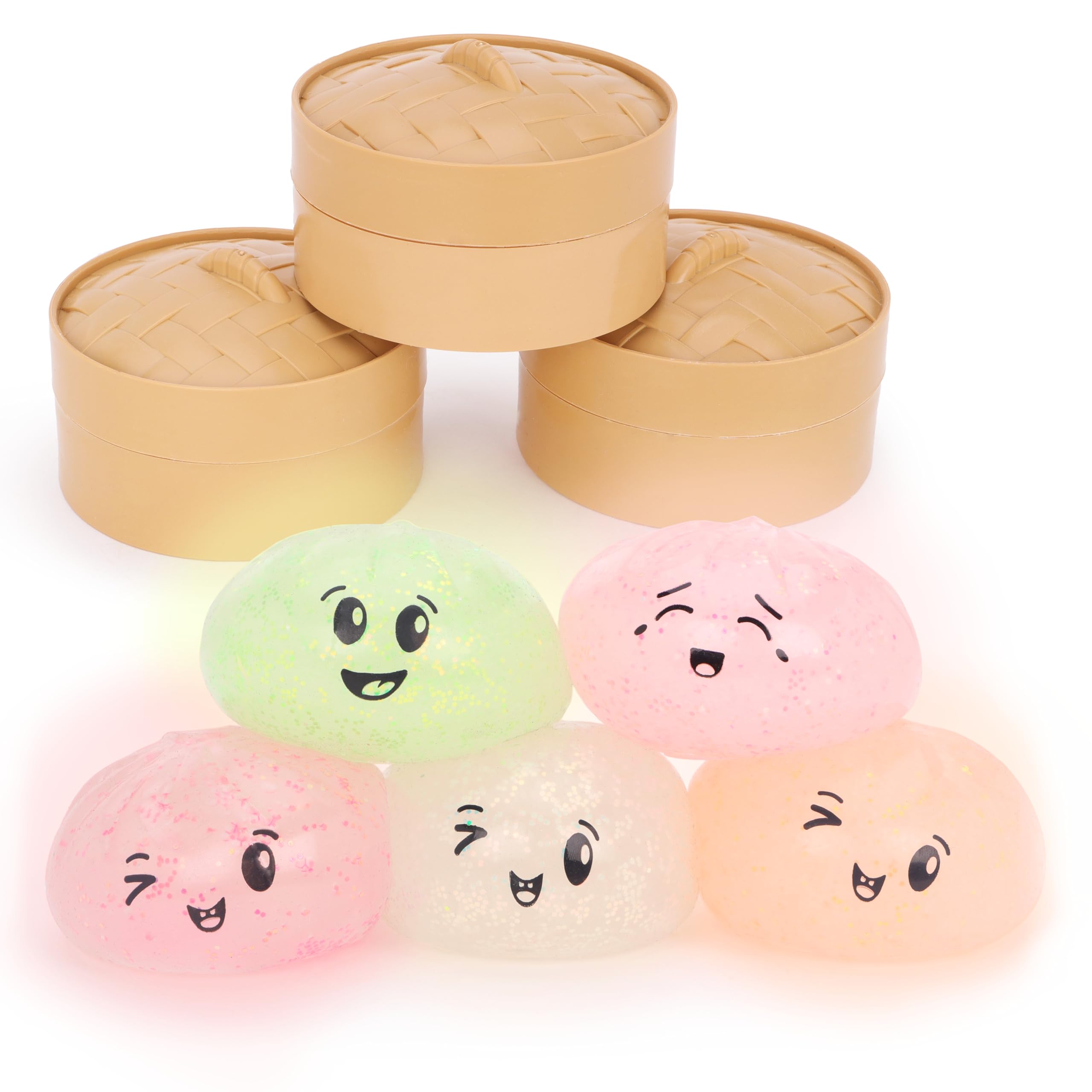 Toyland® Glow In The Dark Squishy Bao Dumpling Sensory Fidget Toy with Plastic Steamer Box - Squeeze Toys for Kids - 1 Chosen At Random - Ages 3+