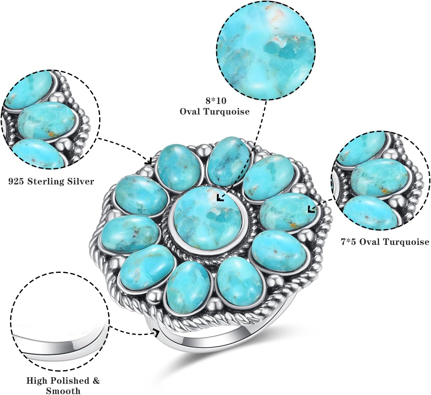 Turquoise Ring for Women 925 Sterling Silver Vintage Boho Flower Ring Bohemian Statement Rings Turquoise/Coral/Oyster Shell Western Style Engagement Wedding Band Size 6-9
