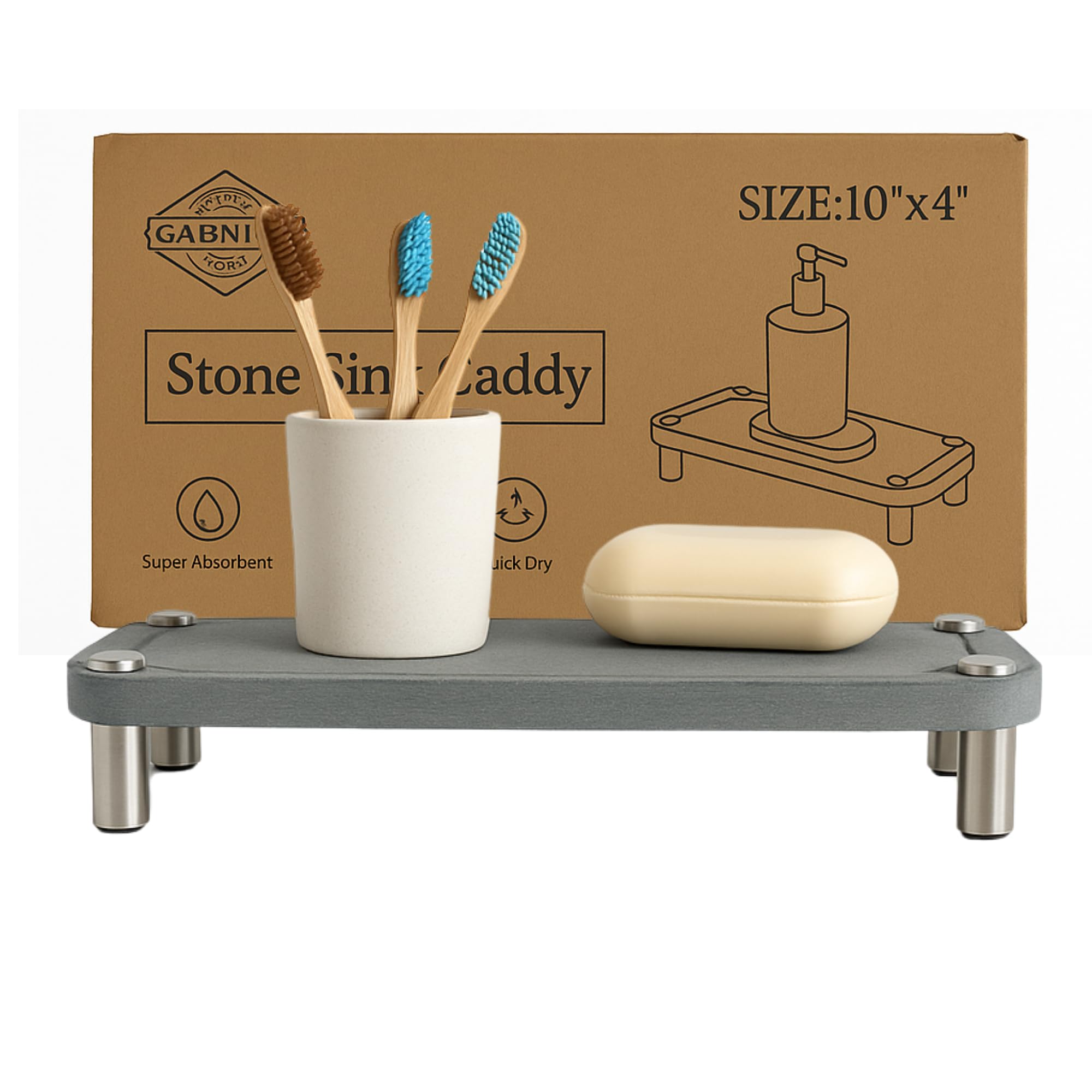 GABNICO Home Sink Caddy - Water Absorbing Stone Tray for Sink - Stainless Steel Feet - Fast-Drying Stone Sink Tray for Kitchen Counter (Grey, 10"X4")