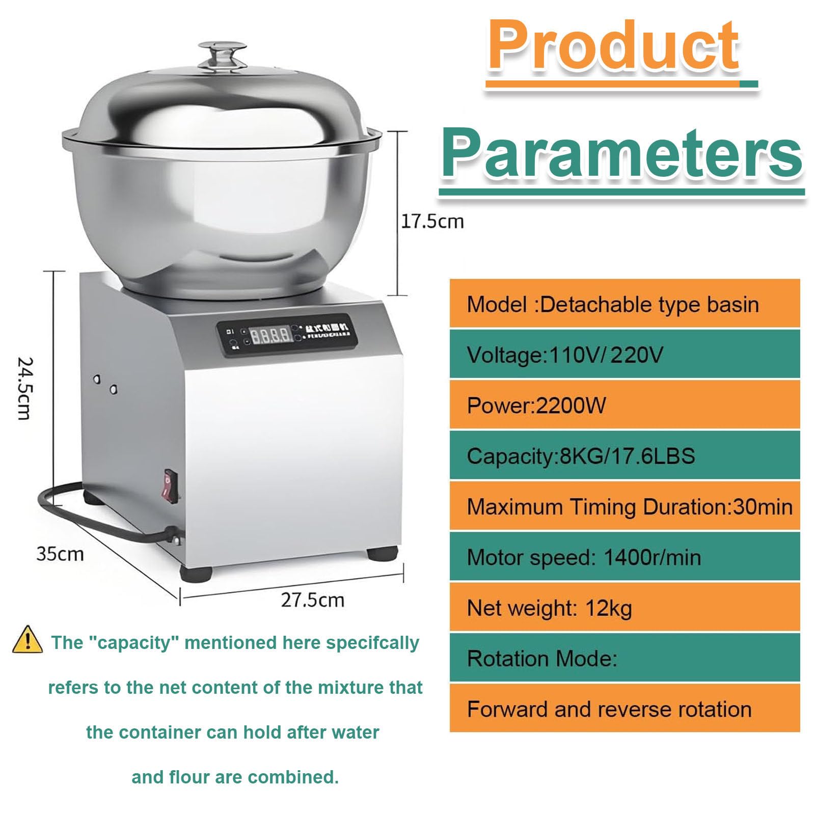 Impastatrice a Spirale Commerciale 2200W 1400rpm Impastatrice a Spirale elettrica con Doppia Rotazione, Macchina per impastare Resistente per panetteria, Ristorante, Pizzeria 8kg/18lbs