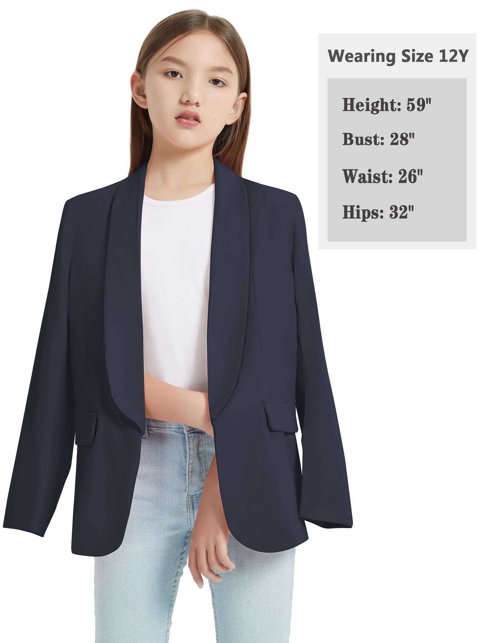 EXARUS Girls Blazer Jacket Teen Suit Long Sleeve Shawl Collar Formal  Blazers Open Front Inner Pocket for Kids 6-12 Year