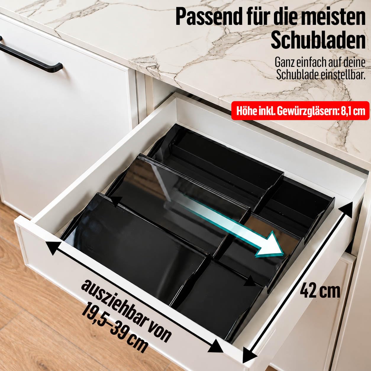 Deco haus Gewürzregal Mit Gläsern [Mit 24 Gewürzgläser + 280 Etiketten] | Gewürzregal Schublade Ausziehbar - Gewürz Organizer Schublade - Gewürz Schubladeneinsatz Gewürze