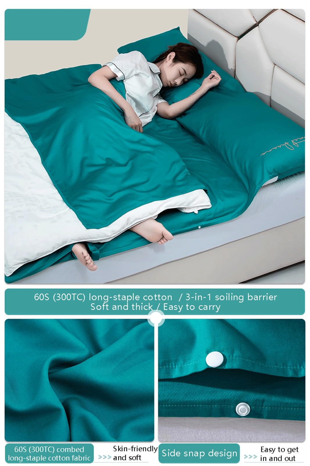 RUZGAR Sleeping Bag Liner Large Small Sized Travel Sheet 300 Thread Count Long Staple Cotton Ultra Lightweight Sleep Liner Single Double Travel Bed Sheet (Color : Green, Size : 200x210cm-78x82)