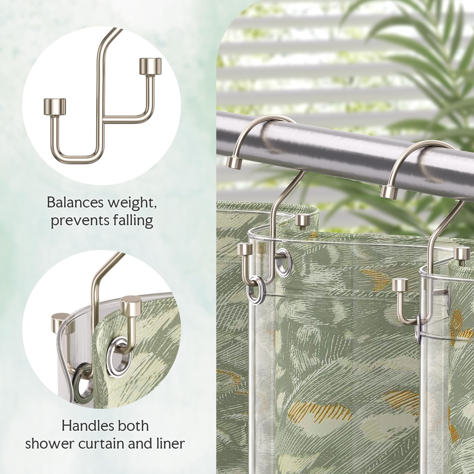 Bathway Lot de 12 crochets de rideau de douche double face en nickel antirouille, crochets de douche en métal lisse et robuste, anti-nœuds, design haut et bas, pour rideaux de douche et tringles