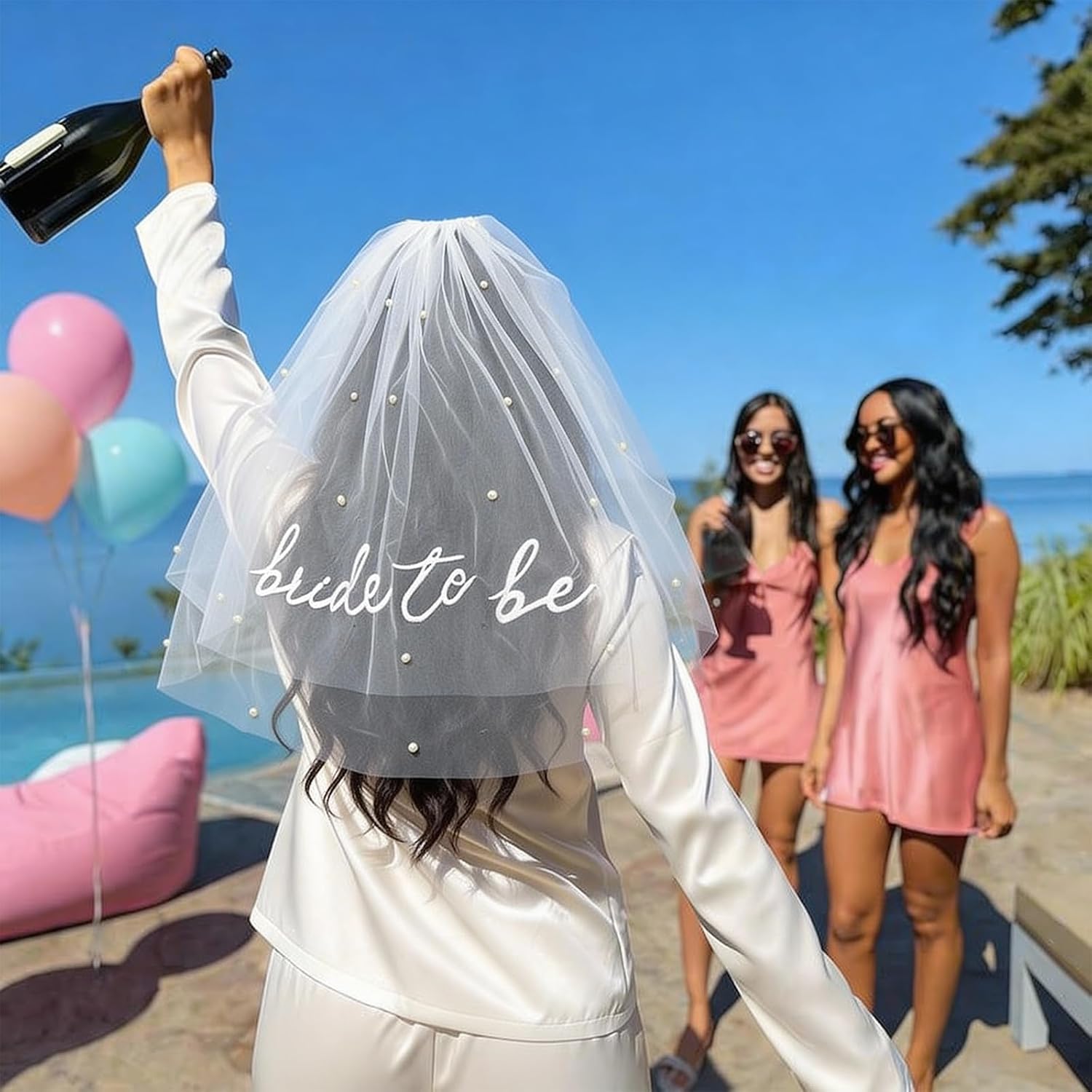 Bride to Be Short Veil with Pearls Embroidered Wedding Headpiece for Bride, Bachelorette Party Accessories Bridal Shower Gifts for Women Photo Prop