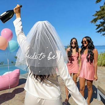 Bride to Be Short Veil with Pearls Embroidered Wedding Headpiece for Bride, Bachelorette Party Accessories Bridal Shower Gifts for Women Photo Prop