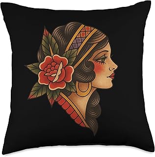 Vintage Traditional Tattoo Woman Throw Pillow
