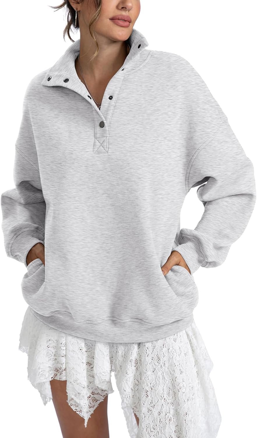 Womens Fleece Sweatshirts Oversized Henley Neck Long Sleeve Button Pullover Tops Trendy Outfits Clothes 2026 - Image 4