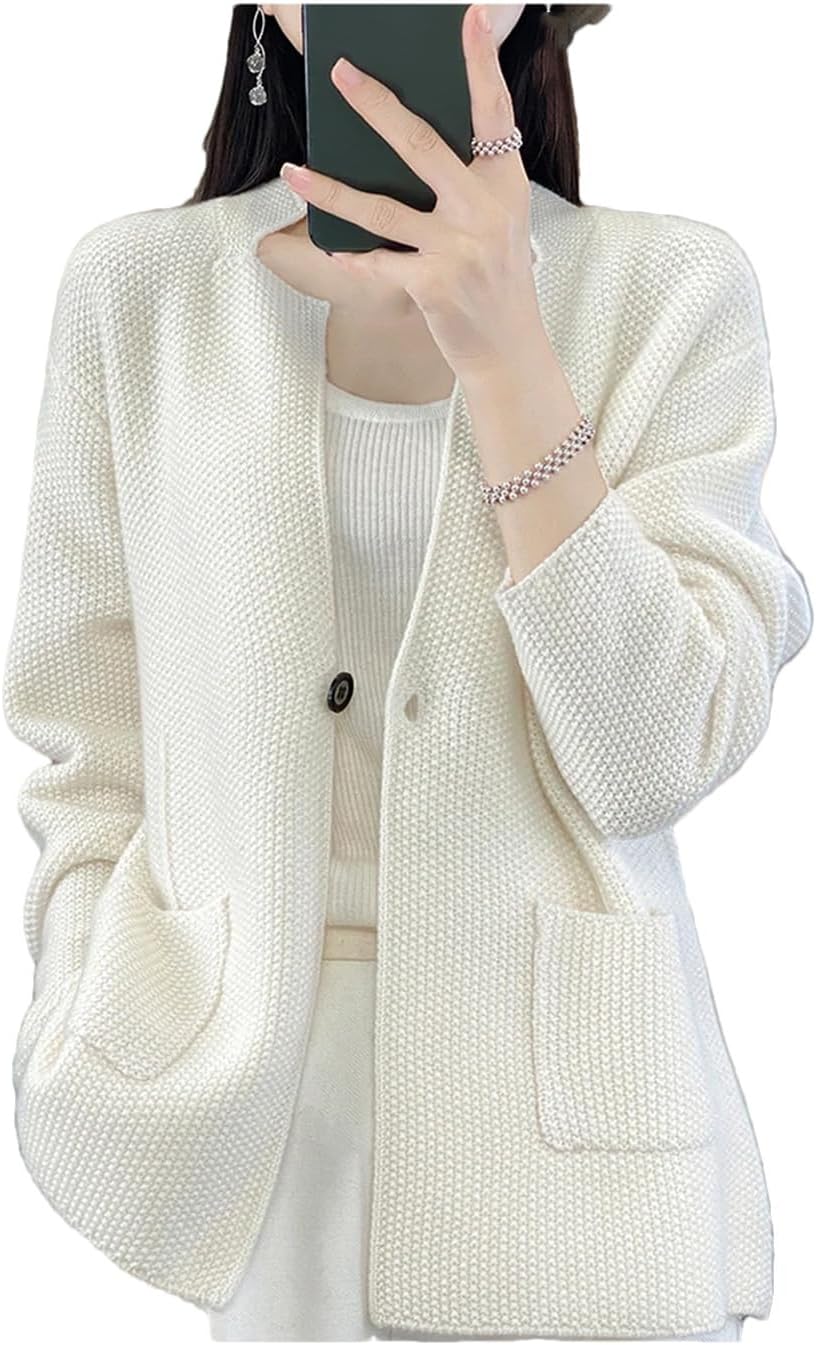 【上品で大人気♪】100% ウール ニット カーディガン セーター レディース Vネック スーツ セーター コート ワンボタン ニット ブレザー (ホ