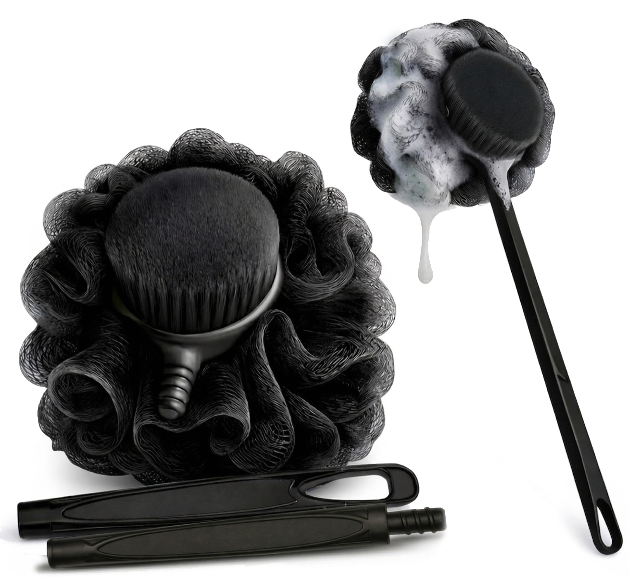Loofah with Handle &amp; Shower Brush Charcoal 2 Pack- Back Scrubber for Shower for Men &amp; Women, Body Brush Ideal for Exfoliation, Back Loofah for Shower with Bath Brush, Long Handle for Shower Back Brush