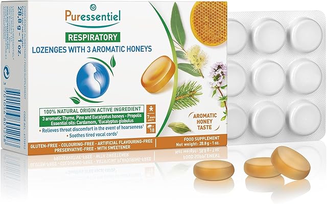 Puressentiel Respiratory Lozenges with 3 Aromatic Honeys - 18 lozenges - Sore Throat Relief - Eucalyptus, Cardamom Essential Oils - Gluten-Free