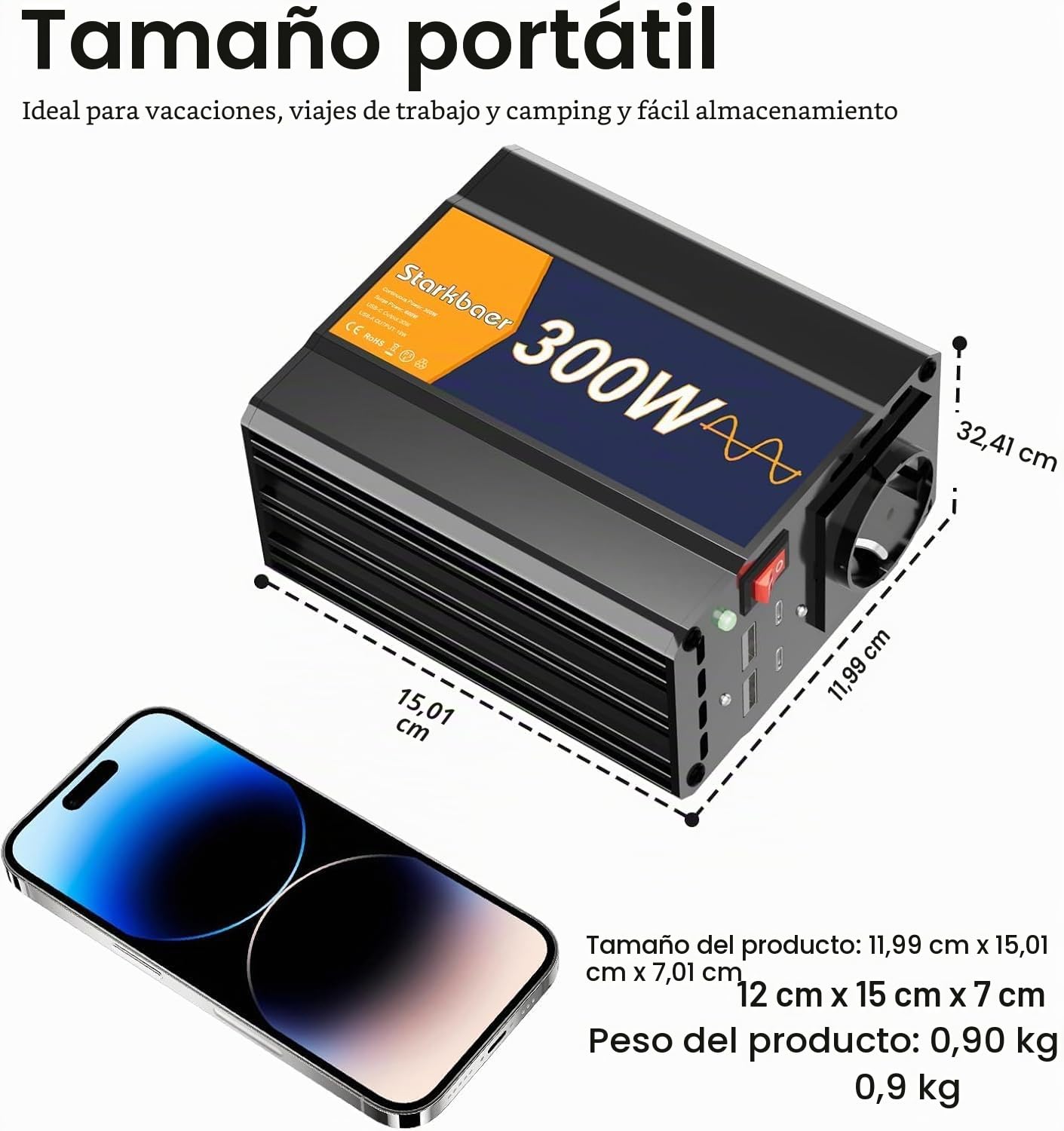 300W/600W Inversor 12V 220V Onda Pura Transformador, Inversor para coche, convertidor de corriente con 4 puertos USB y 1 salida CA. Fuente de alimentación al aire libre, aleación de aluminio