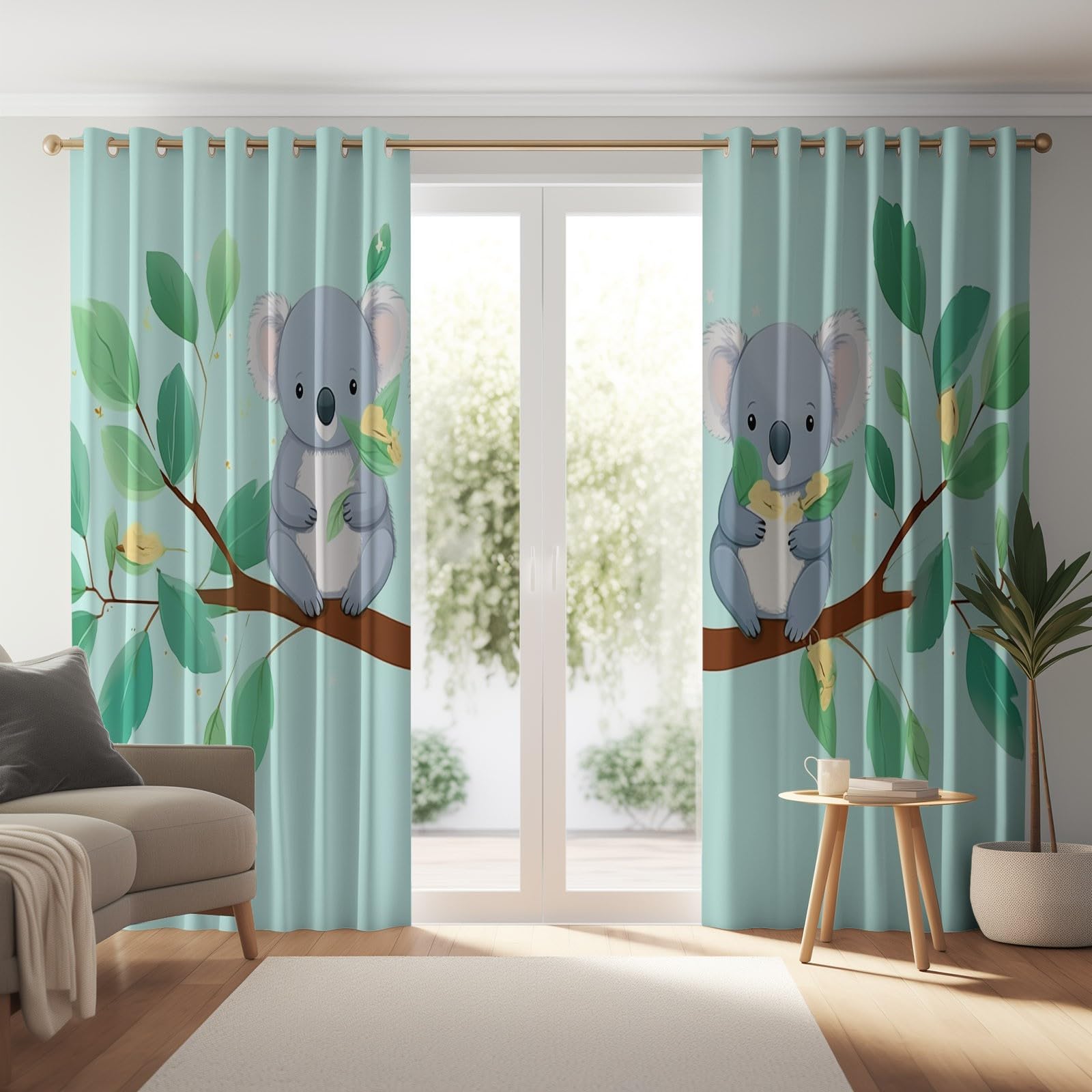 100% Zasłony Zaciemniające H 175 X B 140 Cm (2 szt.), Kreskówka Koala Eukaliptusowe Gałęzie Nieprzezroczyste Termiczne z Oczkami, Izolatory Światła, Zimno i Ciepło do Sypialni, Salonu, Jadalni