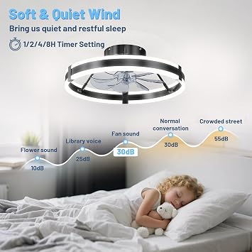 19.7 Low Profile Bladeless Ceiling Fan withLights & Remote -Flush Mount Fandelier LightFan for Bedroom/Kitchen, 3000-6000KDimmable LED, 6-Speed Modern Fan withLights for Home/Office