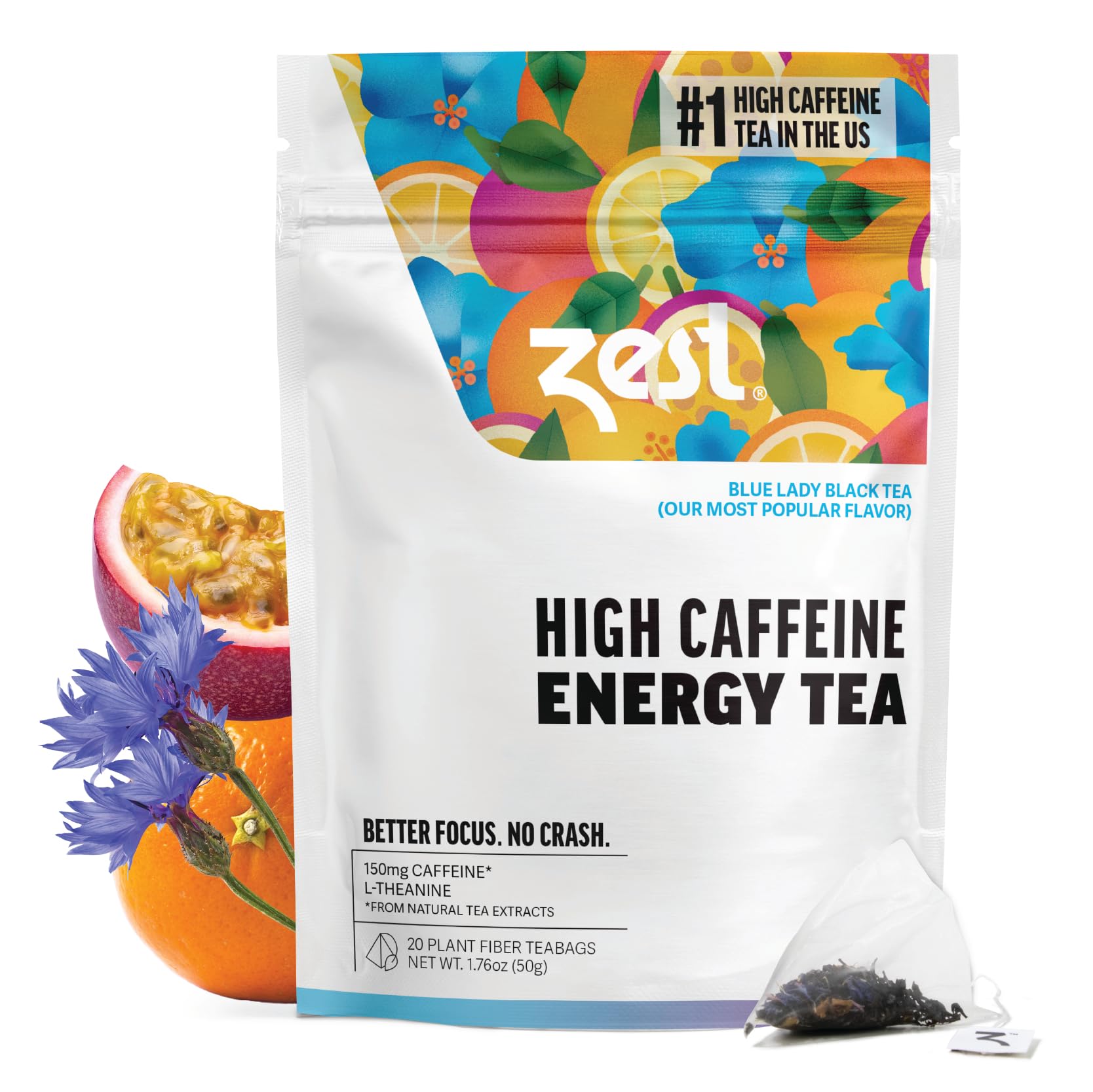 Zest Energy Tea - Blue Lady - High Caffeine Passion Fruit Black Tea Bags - Caffeinated Coffee Altnernative/Substitute - Natural, Non-GMO & Keto Friendly - Hot or Iced - 20Ct Pack - 150mg Caf