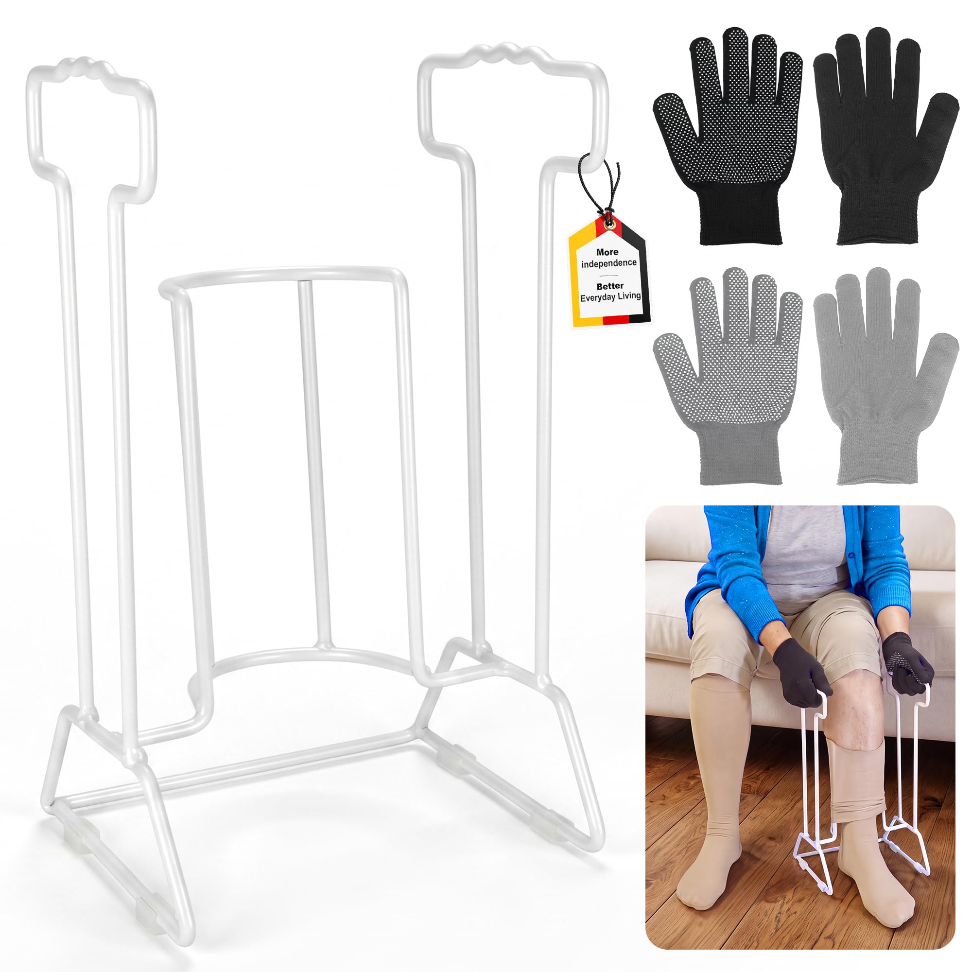 Anziehhilfe für Kompressionsstrümpfe aus Stahl,inkl Handschuhe,Sockenanziehhilfe mit Doppel-Rundbogen für müheloses Anziehen,Wellengriff Verbesserte Griffkraft,Ideal nach hüftoperationen