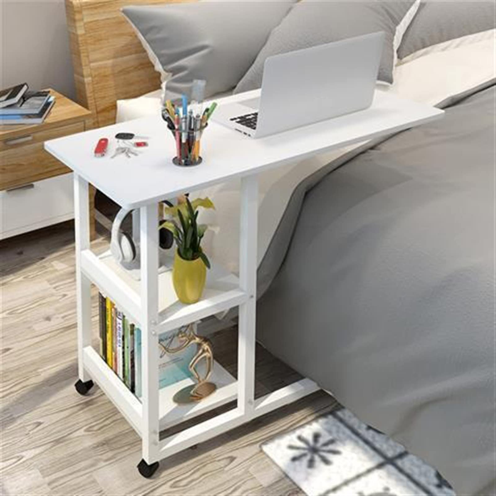 YNBSHGAA Movable Simple Laptop Desk Side Table Mobile Lazy Table Bedside Laptop Desk with 2-tier Storage Shelvs and Lockable Pulleys,D