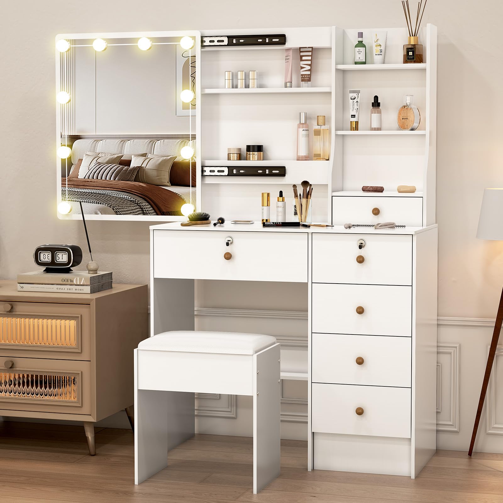 Guanglai Vanity Desk with Makeup Mirror and Light, Makeup Dressing Table with 6 Drawers and Cushioned Stool for Bedroom, White Dressing Desk for