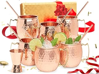 [Gift Set] Moscow Mule Copper Mugs Set of 6 (16oz) w/Straws & Jigger | 1...