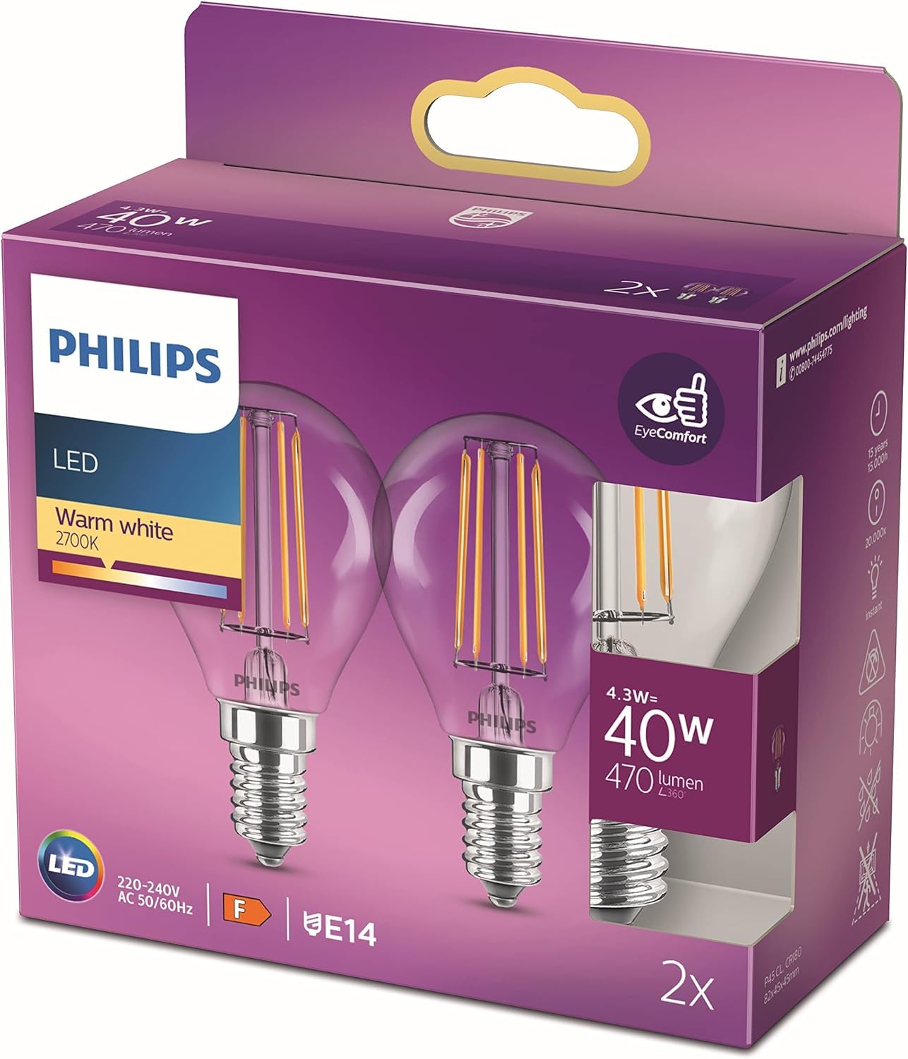 PHILIPS LED Classic Light Bulb Twin Pack [E14 Edison Screw] 4.3W â€“ 40W Equivalent, Warm White (2700K).