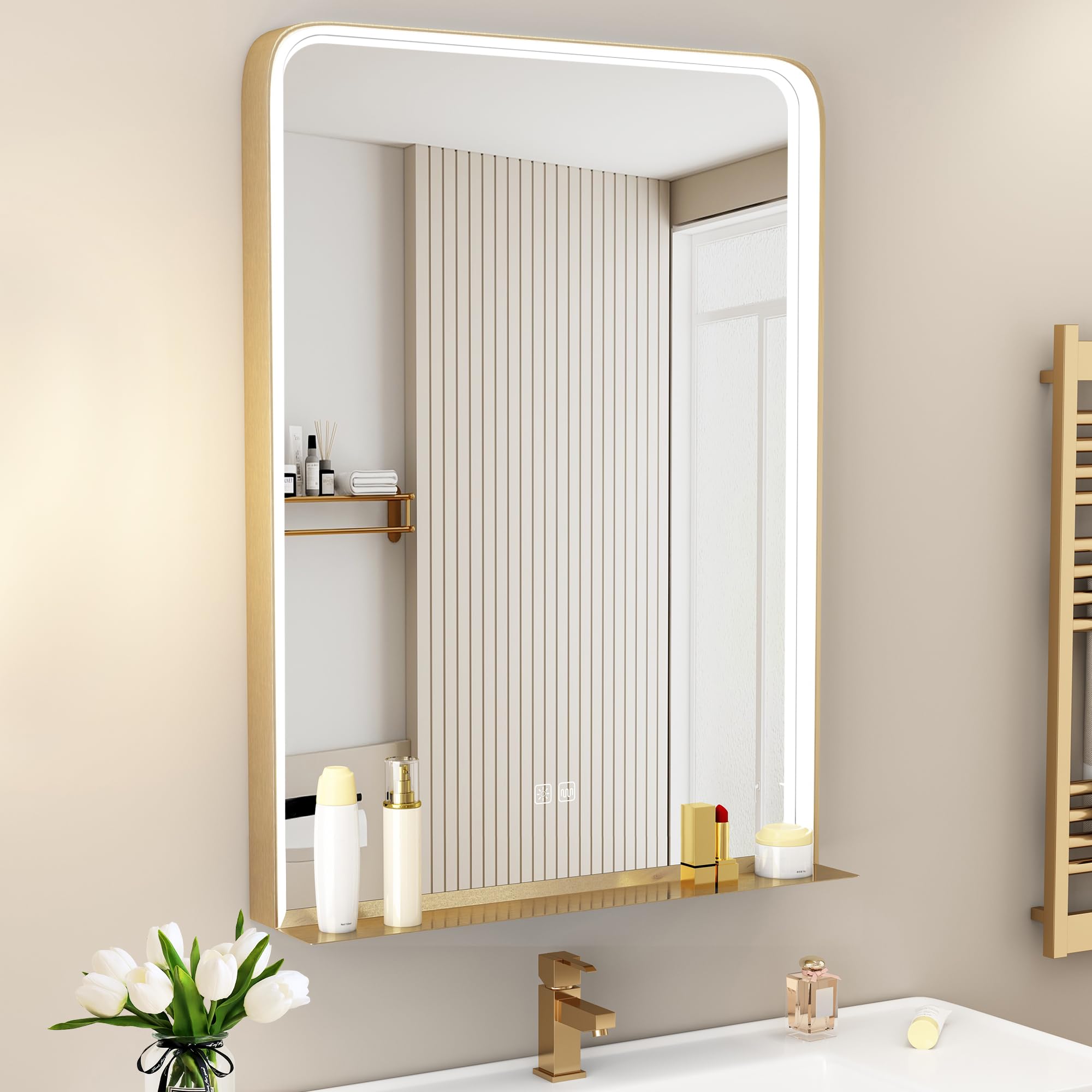STARLEAD Espejo-de-Baño-con-Luz 80x60 cm, Espejo-LED-Baño con Estante, Regulable, 3 Colores Luz, Antivaho, Función Memoria, IP44 Vidrio Templado Espejo-Pared, Marco Metal Dorado Pulido