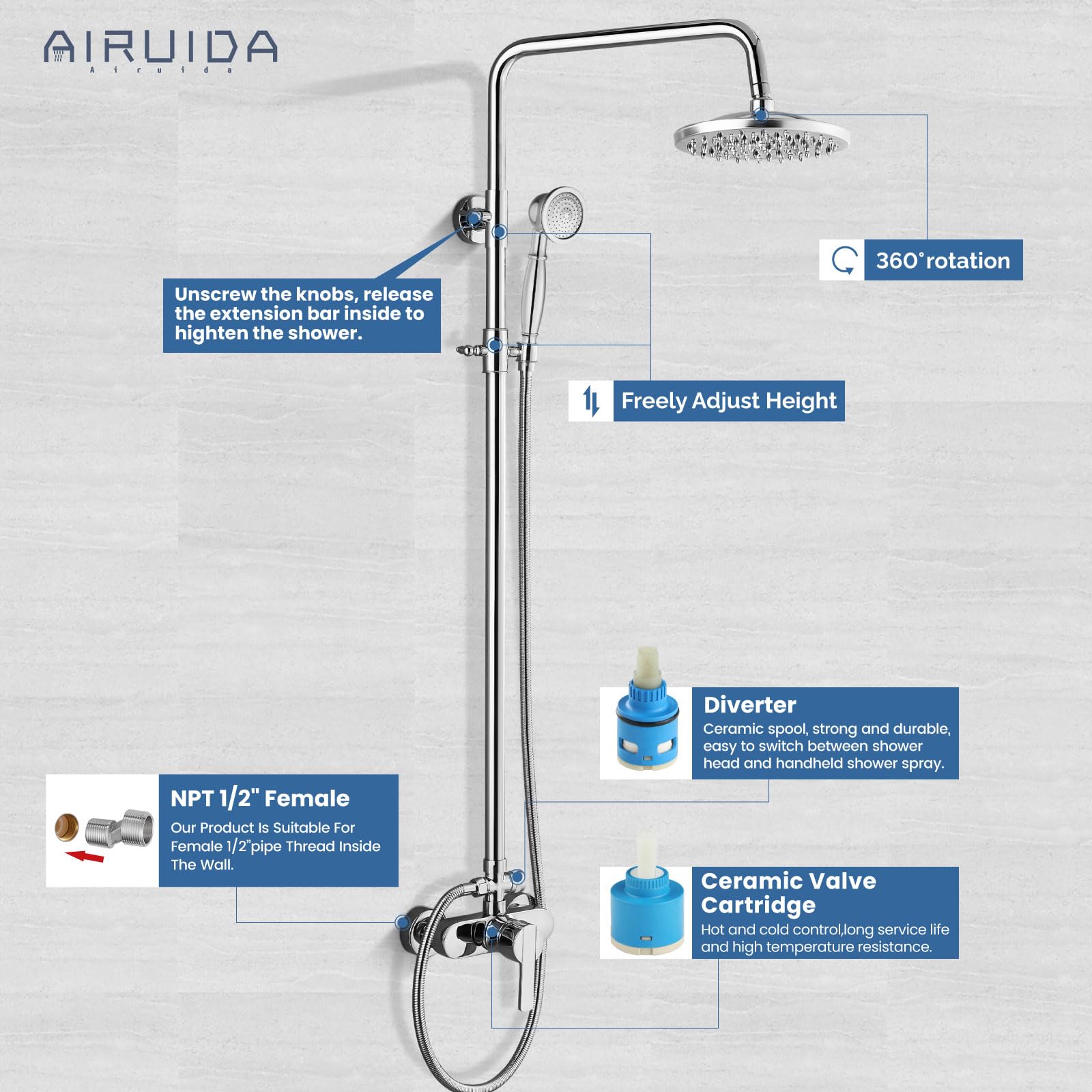 Airuida Oprawa prysznicowa mosiężna odsłonięta rura system prysznicowy chrom polerowany 20 cm deszczownica głowica prysznicowa pojedynczy uchwyt lita miedź rozdzielacz podwójne funkcje bateria prysznicowa zestaw jednostki