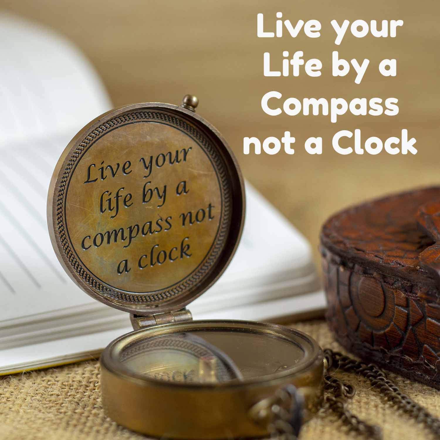CalyronBrass Pocket Magnetic 2" Compass with Chain Stephen Covey Nautical Boat Decor Antique Style Engraved Gifts Directional Pirate Hiking Travel Compass