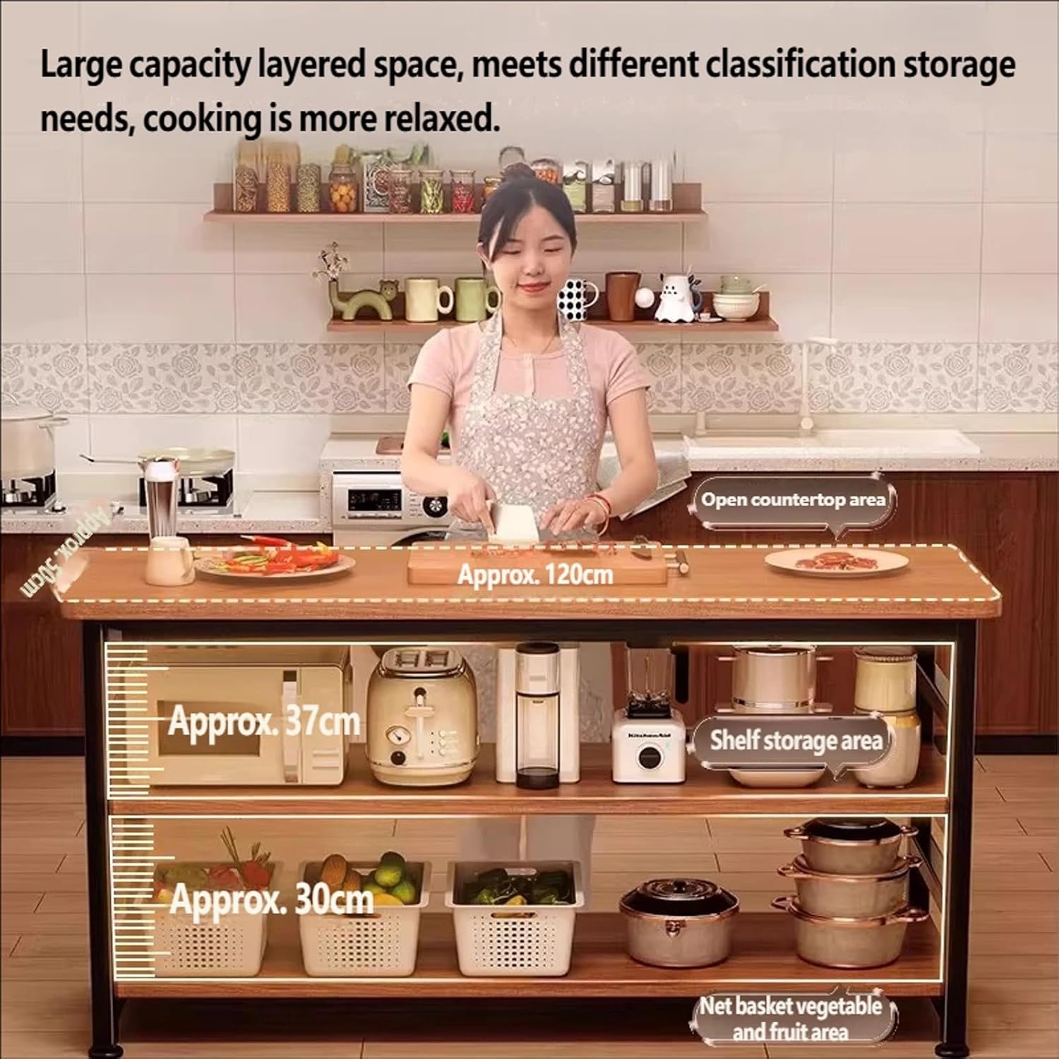 Storage Trolley Wooden Top Kitchen Island Prep Table with Multi-Tier Open Shelves Metal Frame Storage Shelving Organizer(Small)