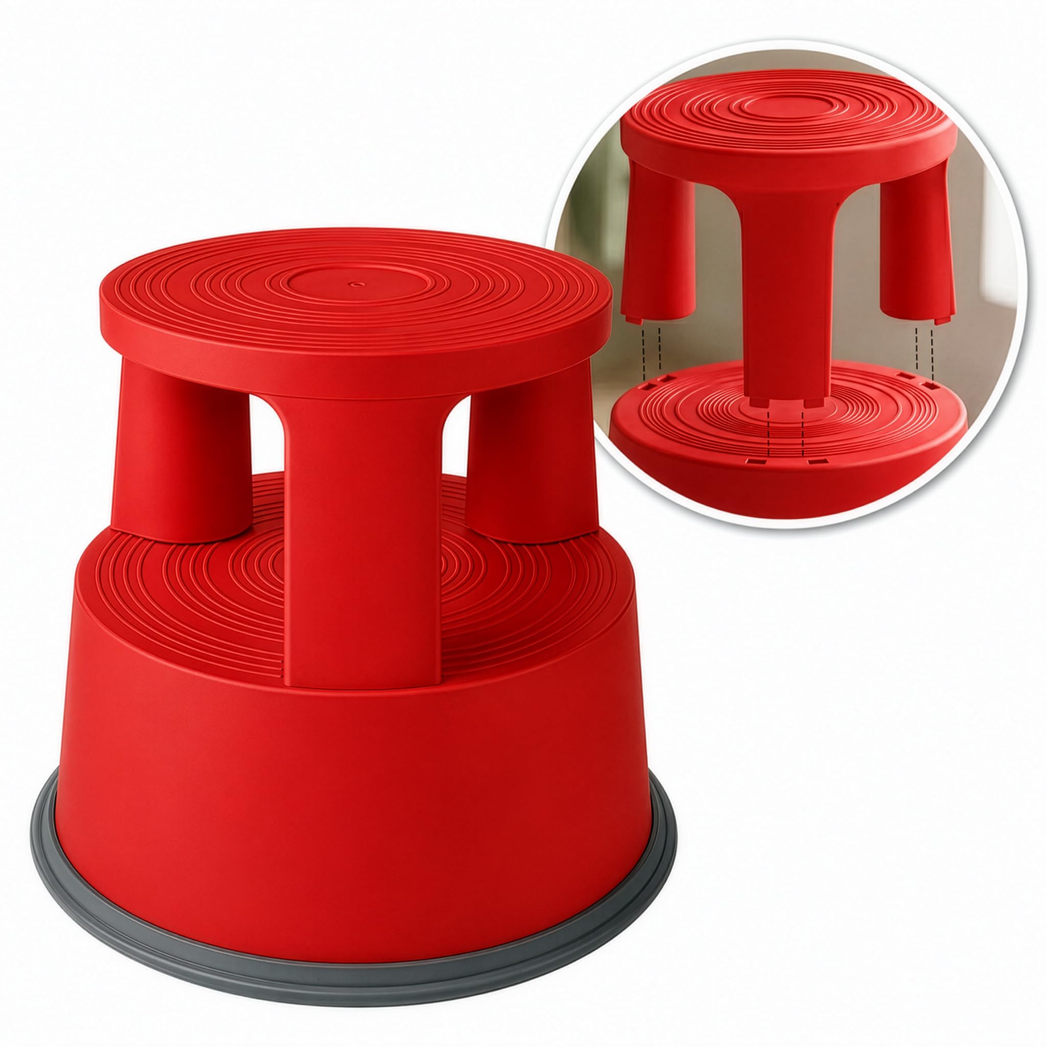 Office Marshal Rollhocker Kunststoff Elefantenfuß rot, Rutschfester Tritthocker mit Rollen, mobiler Rolltritt bis 150 kg, 43 cm hoch, Stabiler Hocker für Büro, Küche, Werkstatt, Lager & Haushalt