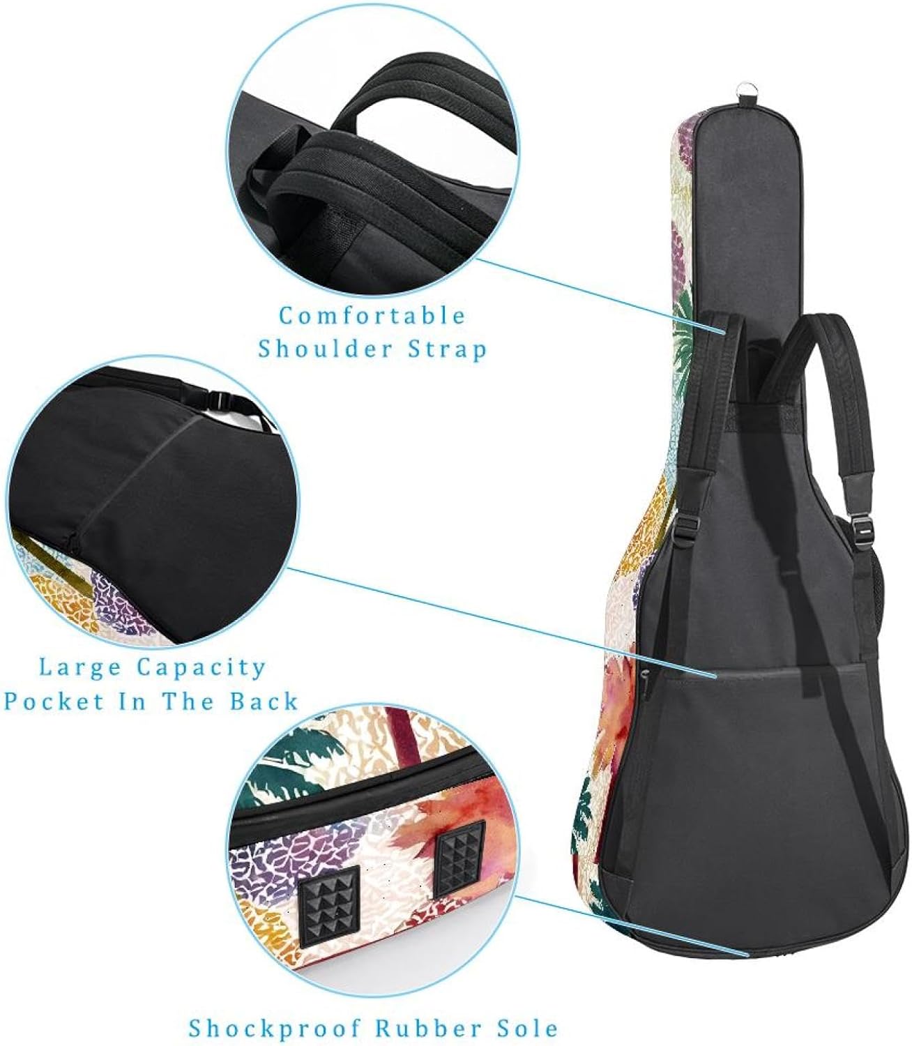 40 41 42 Inch Acoustic Guitar Bag, 0.4 In Thick Sponge Padded Guitar Case Gig Bag with Back Hanger Loop and 2 Pockets, Watercolor Palm Trees and Geometric Texture