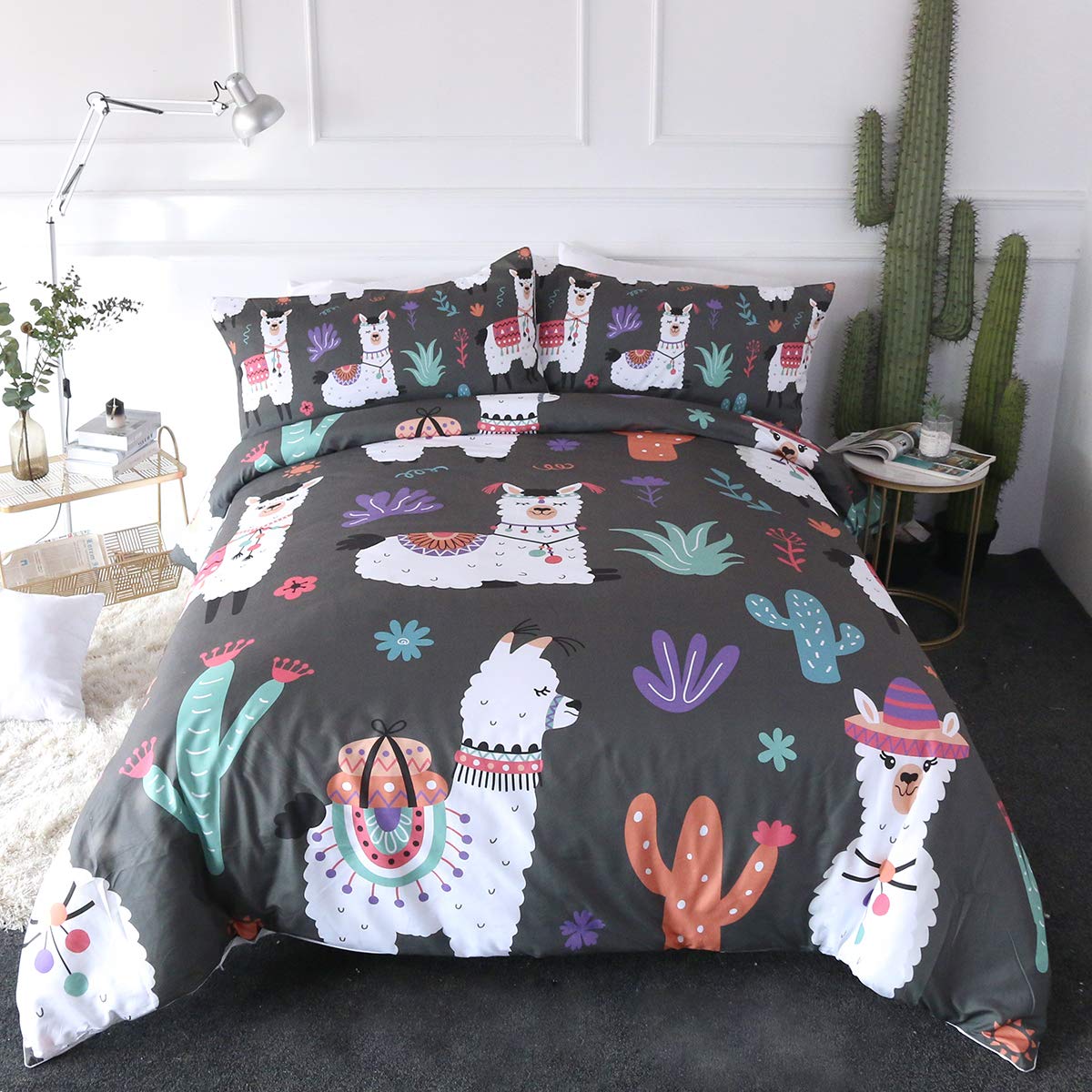 ARIGHTEX Cartoon Llama Alpaca Duvet Cover Set Gray Bedding Sets Boho Comforter Cover 3 Pieces Soft Lightweight 1 Duvet Cover and 2 Pillowcases (Queen)