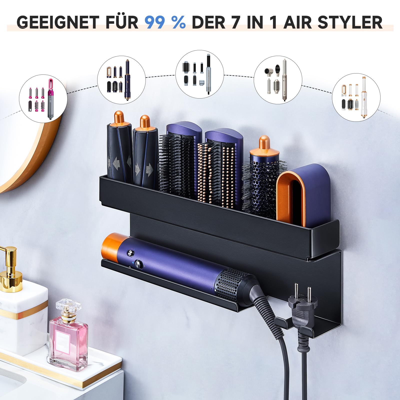 YYBO Supporto Asciugacapelli da Parete, Porta Phon da Muro Adesivo per Asciugacapelli Accessori Styler Curling Device, Porta Phon e Piastra per Camera da Letto, Bagno (Nero)