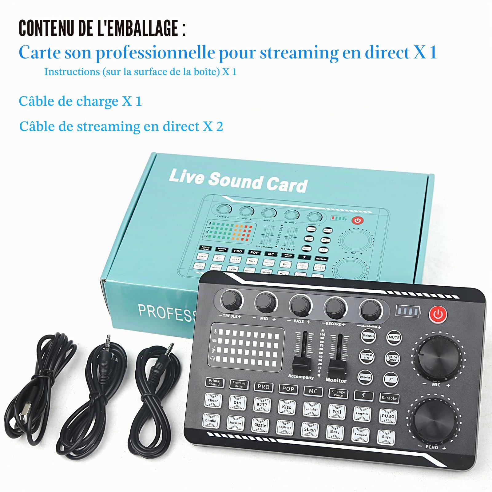 Carte son professionnelle en direct, mixeur audio et interface audio avec effets de mixage DJ, changeur de voix, équipement de studio pour streaming/podcasting/jeux
