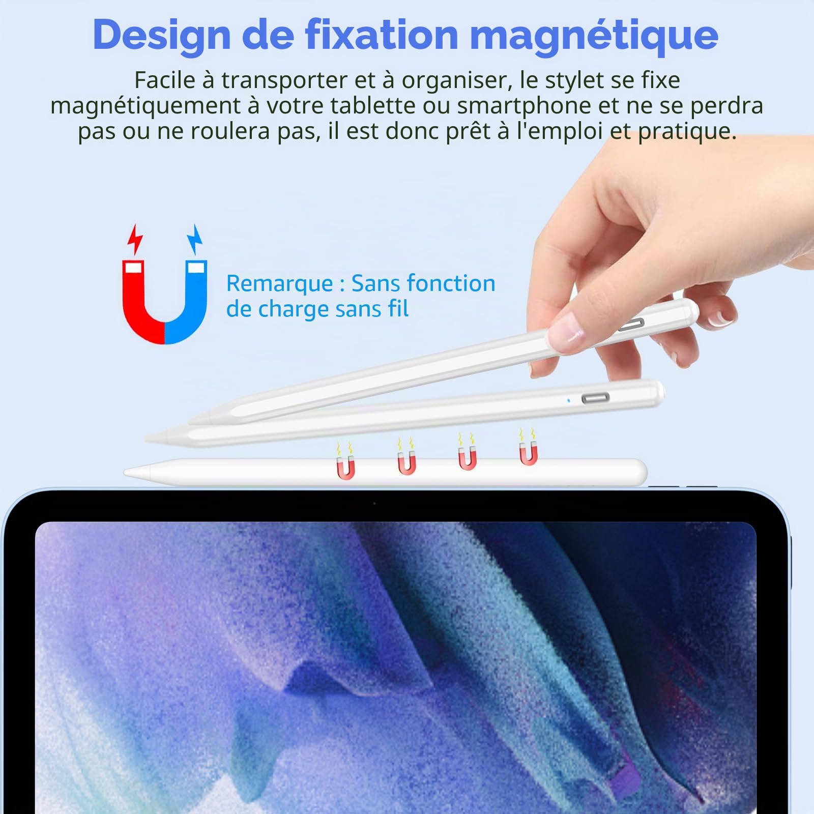 KISSLEAF Stylet Universel pour Tablette Android Samsung Lenovo Huawei Xiaomi Vivo avec 5 Astuces Pointe de 1.5 mm Charge Rapide 30min Adsorption Magnétique
