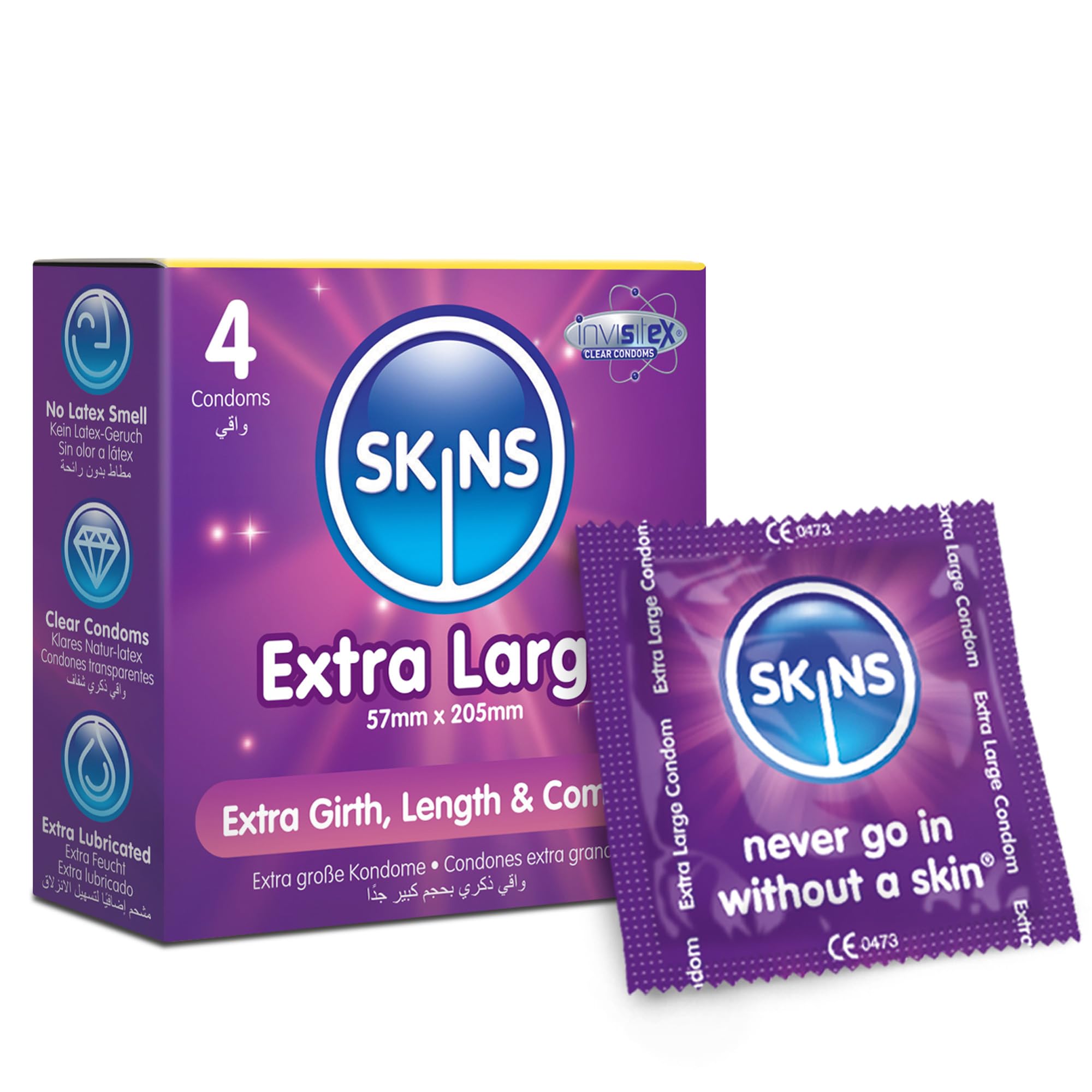 Skins Extra Large XL Condoms – Natural Latex Extra Large Condom; pre lubed for Comfort - Discreet Pack of 4