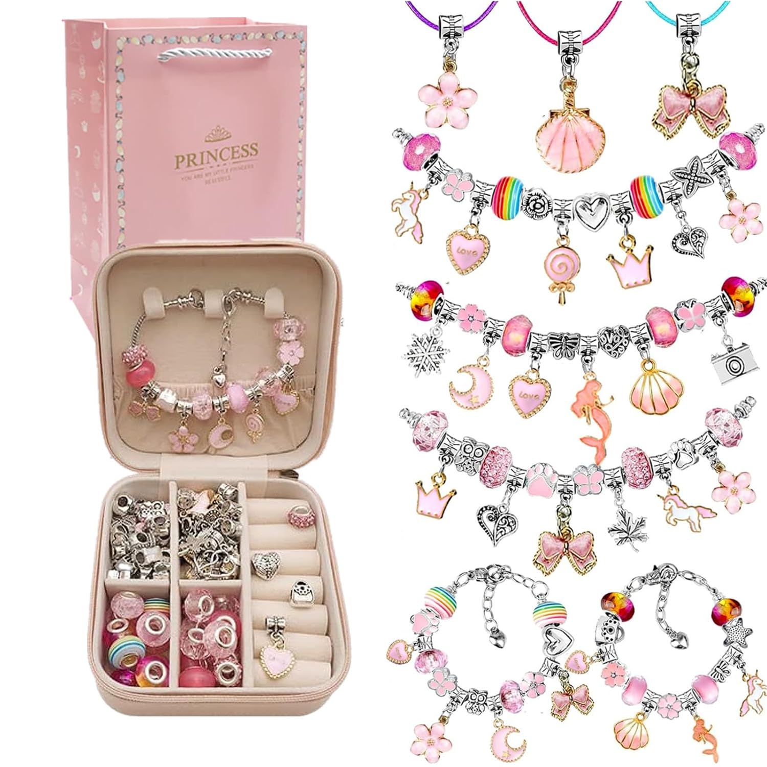 Bracelet Making Kit for Girls, 68PC Charm Bracelet Kit with Jewelry Box, Gift Bag, and Charms, DIY Craft Jewelry Gift for Kids and Adults, Perfect Present for 6-12 Year Old Girls (Pink)