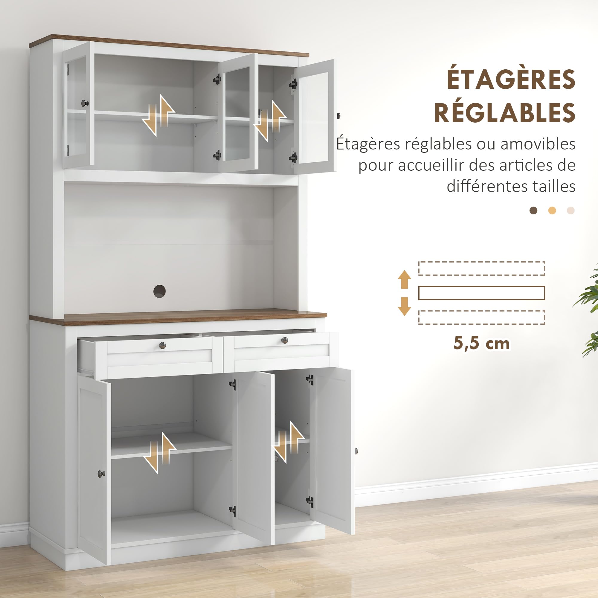 Armoire De Cuisine HOMCOM 2 Portes 4 étagères - Blanc, 60x40x159cm, Avec Tiroirs Et Porte-épices, Rangement Optimal