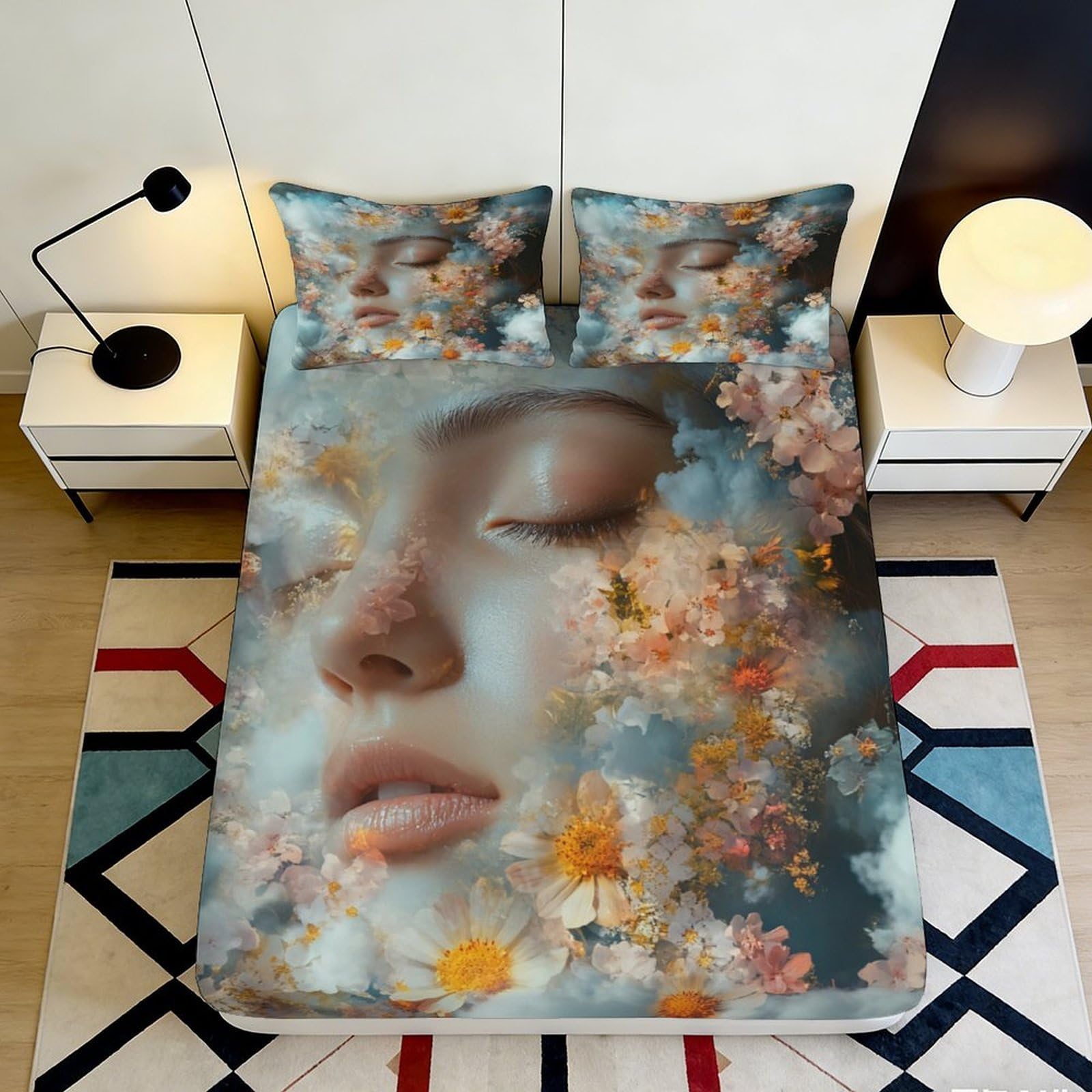 3D Printed Floral Cloud Fitted Sheet Microfiber Soft Breathable Blossom Mattress Cover for Bedroom Dormitory Guest Room Protection Decoration 200x200x25cm