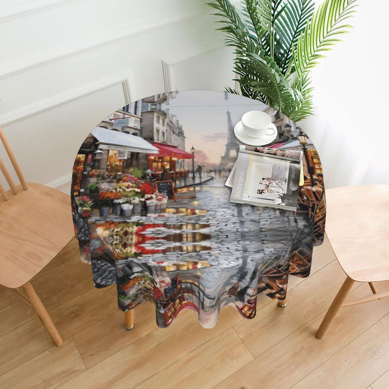 hhxvcv Oil Painting Paris Street Scene Eiffel Tower Round Tablecloth – Dining Table Cover