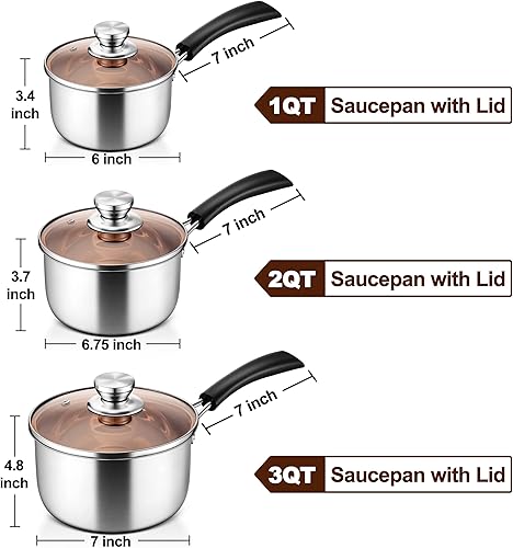 Miniatura 2 de LIANYU Juego de cacerolas de 1 cuarto, 2 cuartos y 3 cuartos con tapas, juego de sartenes de acero inoxidable 1810, juego de utensilios de cocina de