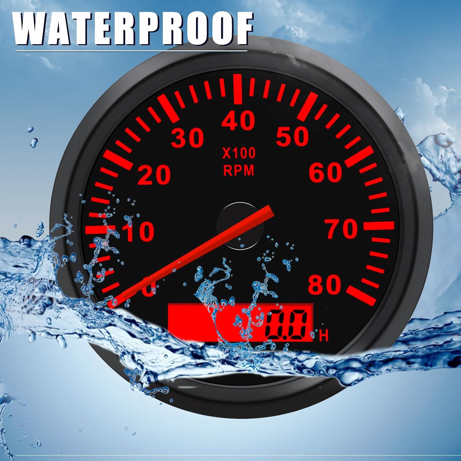 Geloo Tachometer submerged in water, demonstrating waterproof feature