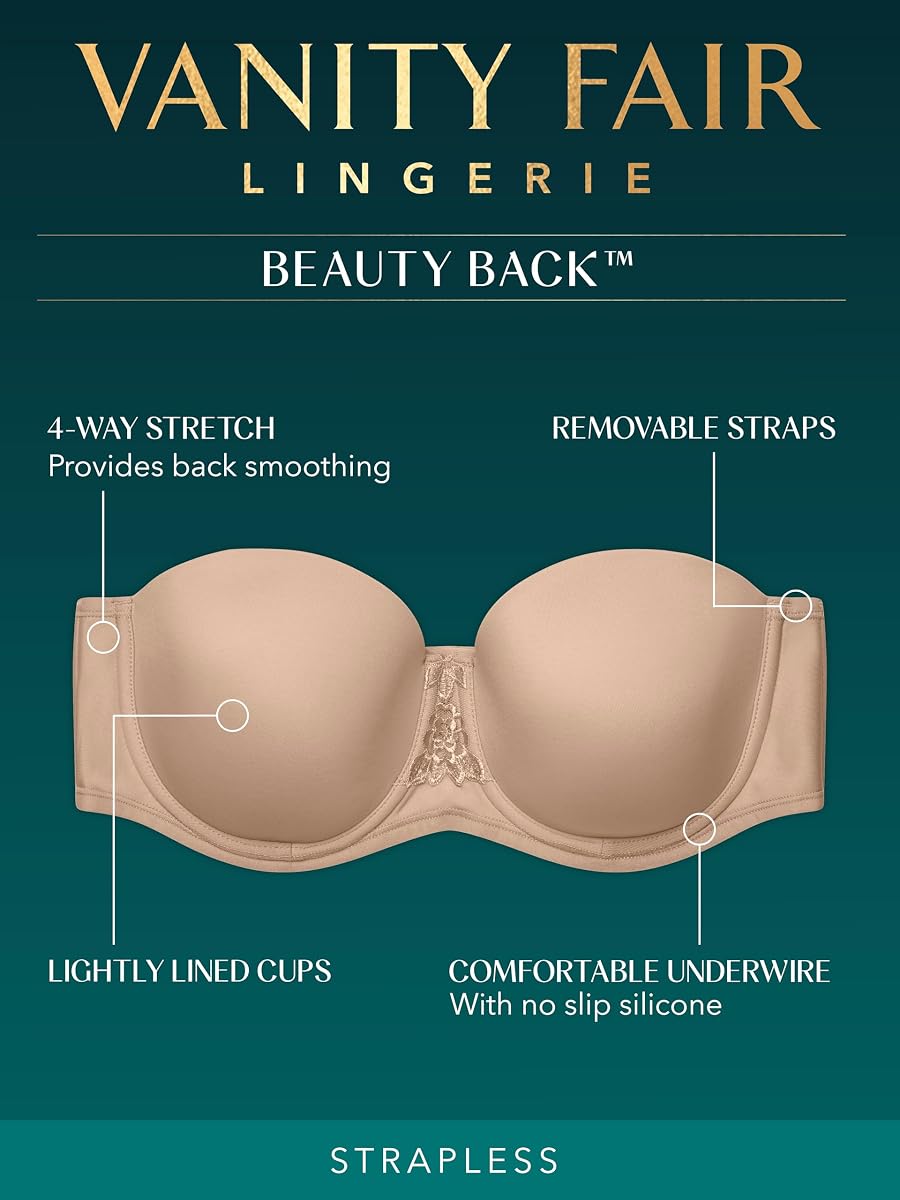 Vanity Fair Women's Beauty Back Smoothing Strapless Bra, 4-Way Stretch Fabric, Lightly Lined Cups up to H, 2 Pack-Black/White, 38H
