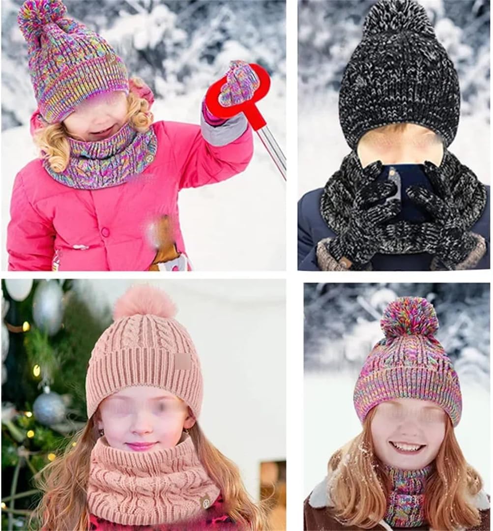 Warmth Hat Gloves Scarf Set For Kids 5-12 Years Old 3 In 1 Winter Knit Set Hat Scarf Gloves Fleece Lining Beanie