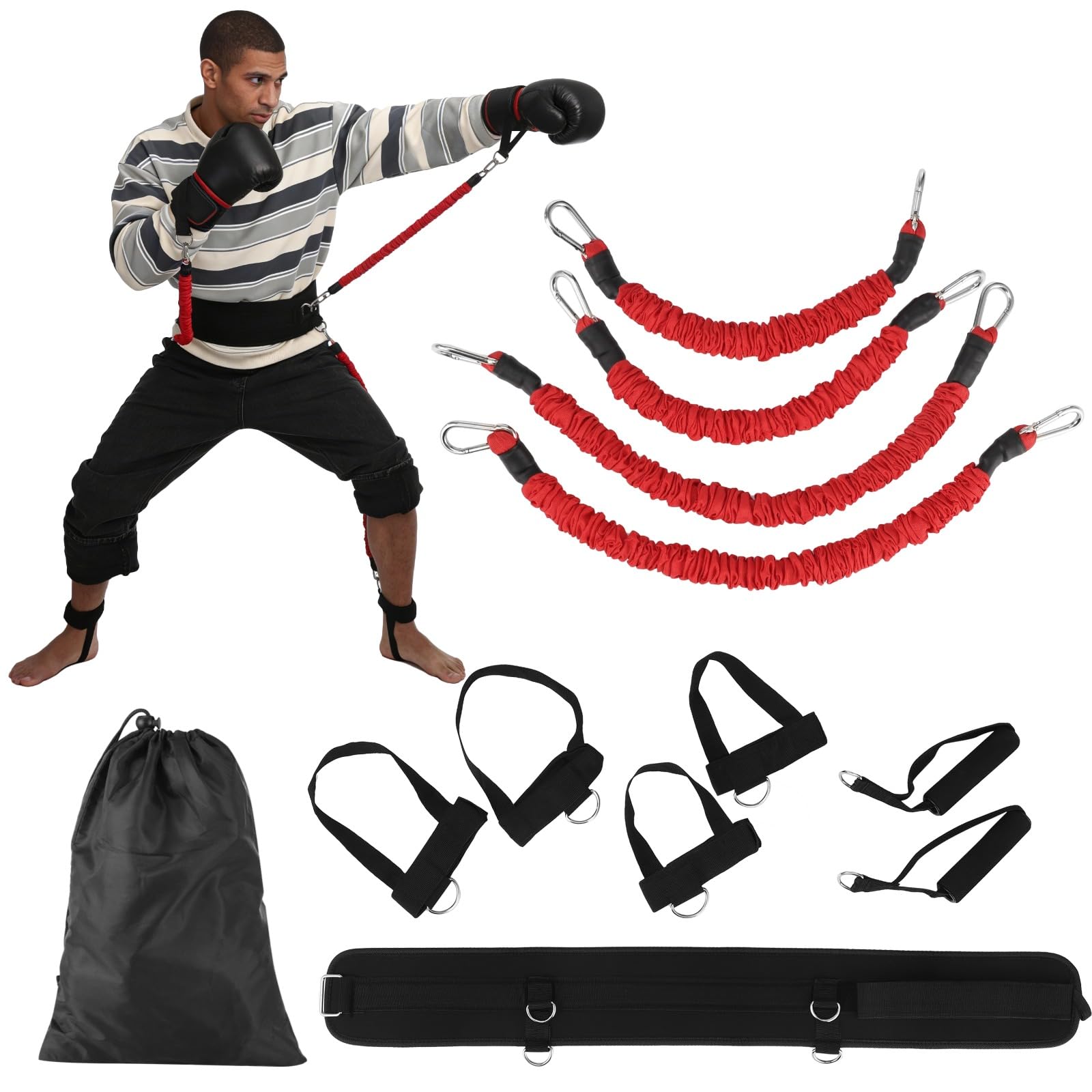 12 STK. Box-Widerstandsbänder-Set, 15 lbs Widerstandsbänder mit verstellbaren Handgelenk-, Knöchelmanschetten und Hüftgurt, tragbares MMA-Trainingsset für Schnellkraft, Tempo, Beweglichkeit