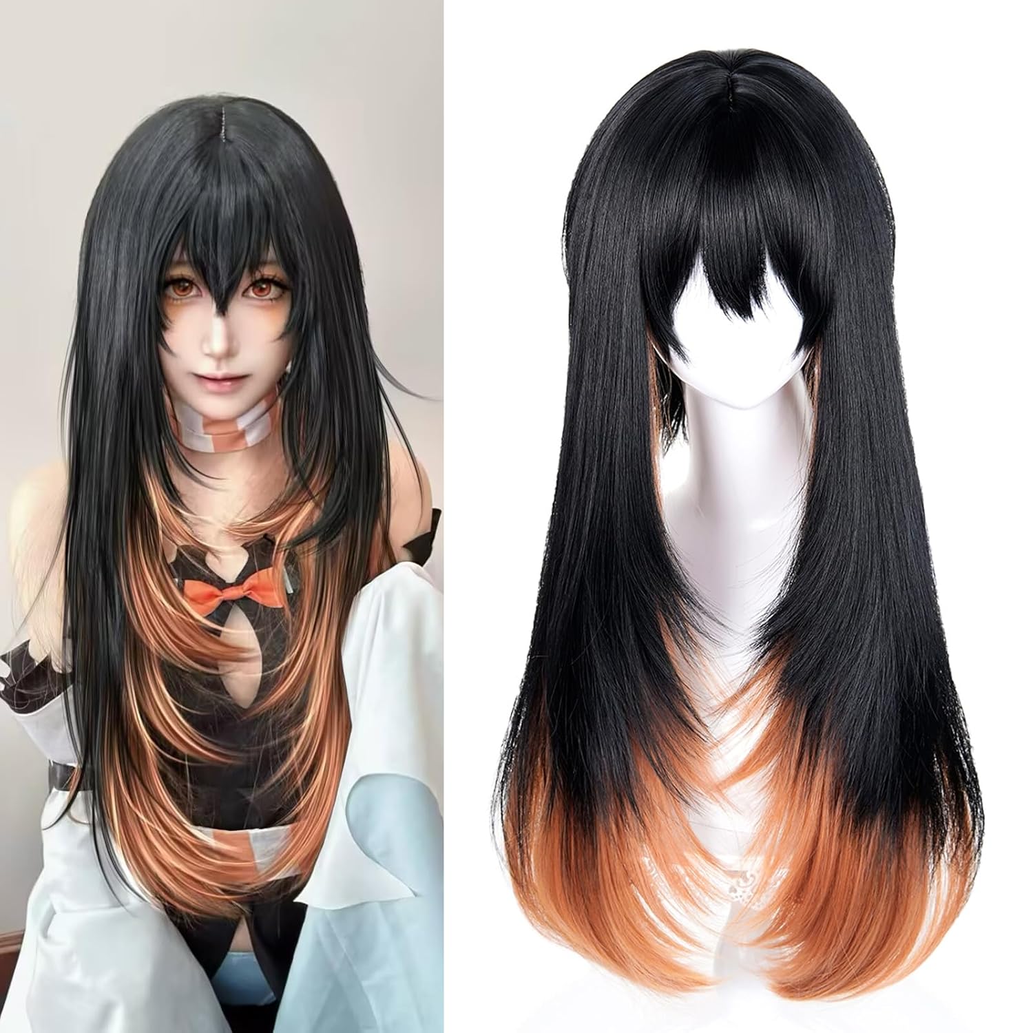 LABEAUTÉ Amo Cosplay Wig Long Black Orange Anime Wig with Bangs Heat Resistant Synthetic Hair with Wig Cap Adult Unisex Costume Wig for Halloween Comic Con Party