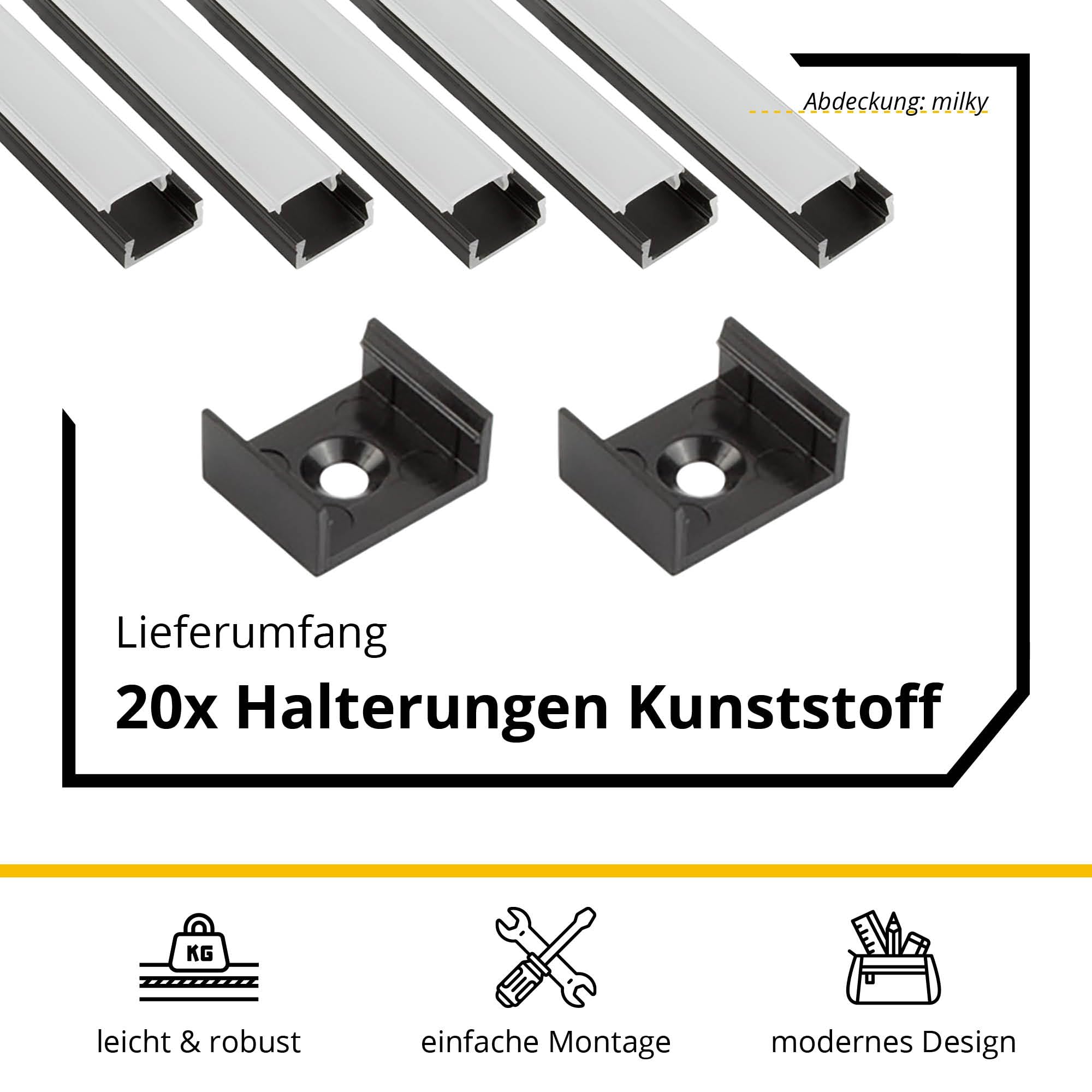 5x A15 LED Profil 2m - Schwarz + Abdeckung milky, Halter & Endkappen
