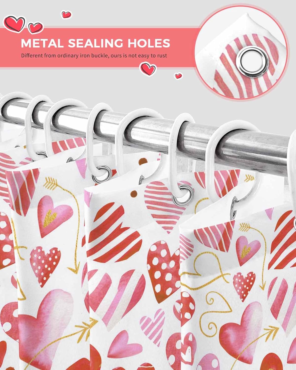 Valentine's Day Shower Curtains for Bathroom Heart Red Pink Shower Curtain Set with Hooks Watercolor Valentines Day Decorations Bath Curtain Waterproof Polyester 72x84 Inch