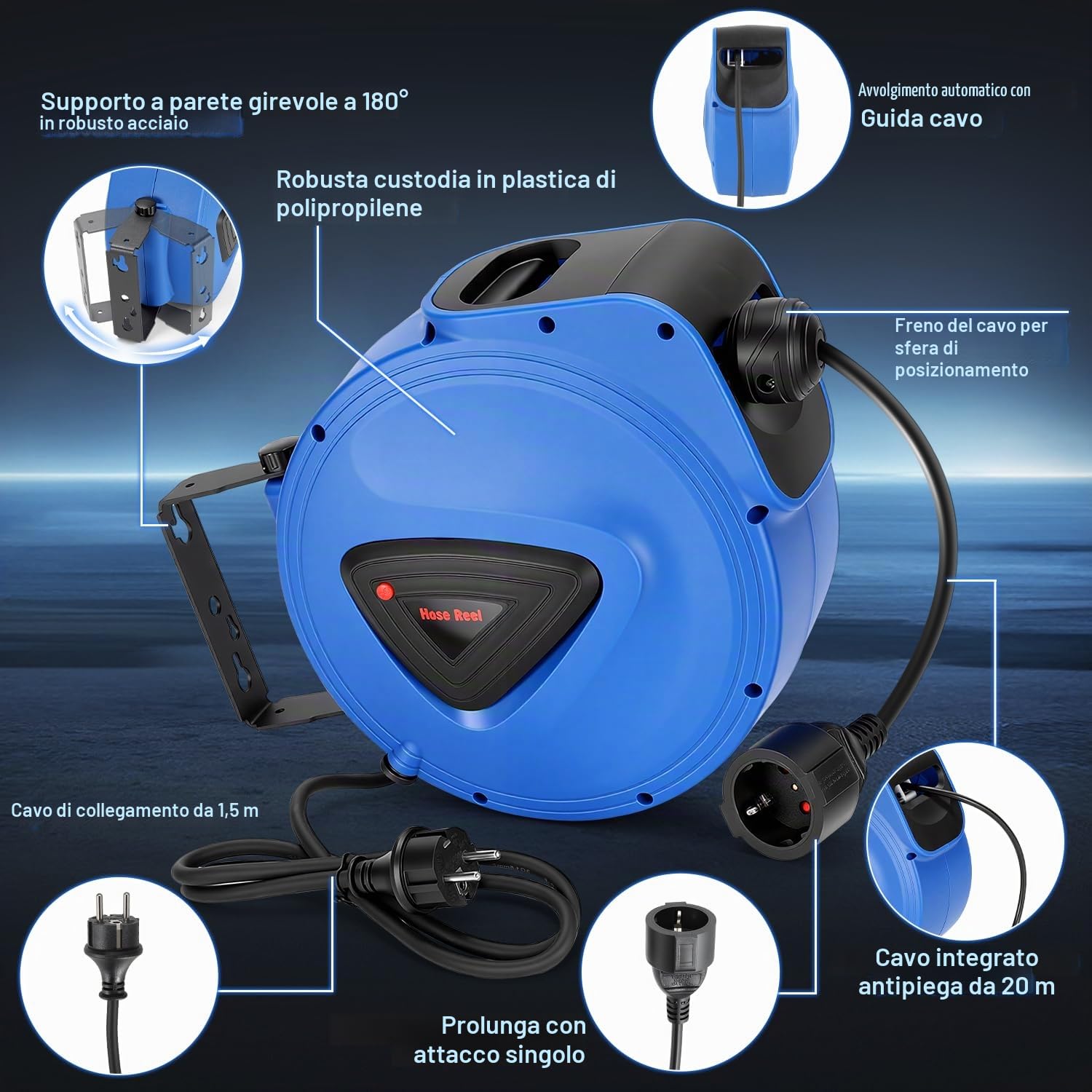 Fiqops Avvolgicavo automatico, 20 m + 1,5 m, montaggio a parete, girevole a 180°, avvolgicavo automatico per officina e stoccaggio, con funzione stop, avvolgicavo (spina singola)
